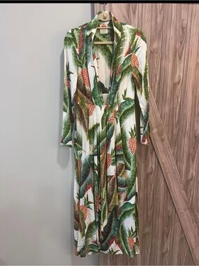 Farm Rio Forest Palm Maxi Dress Tropical Long Sleeve Deep V-Neck Flowy Size S